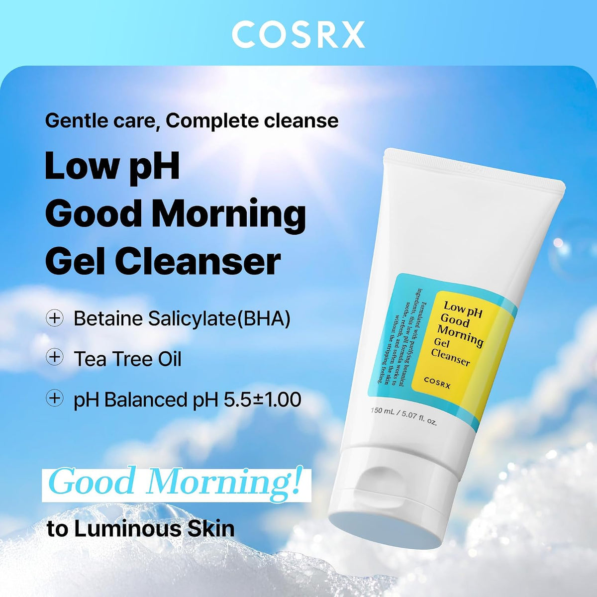 COSRX Low pH Good Morning Gel Cleanser formula graphic highlighting betaine salicylate (BHA), tea tree oil and pH balance.