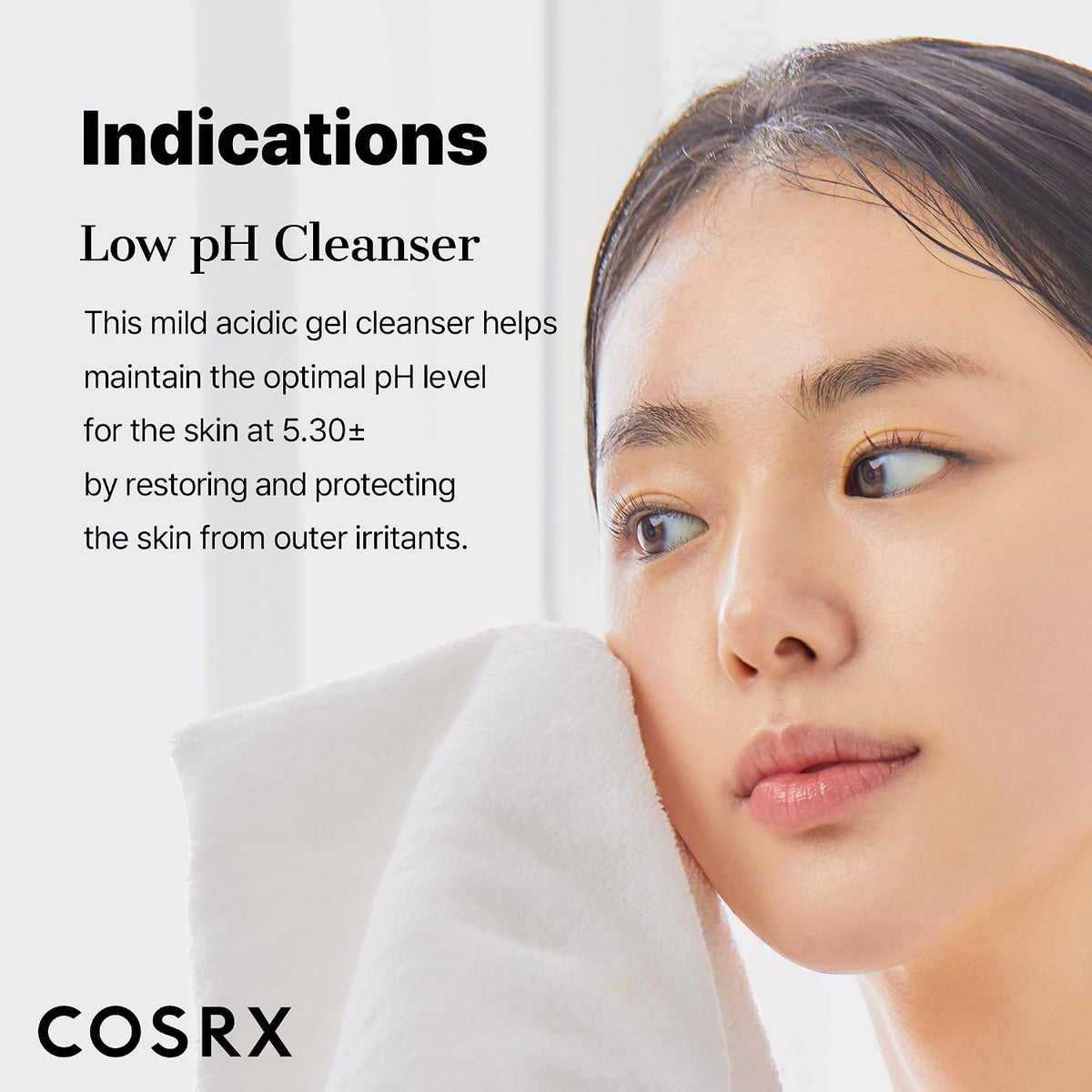 Woman holding a white towel beside an explanation of the mildly acidic formula in COSRX Low pH Good Morning Gel Cleanser.