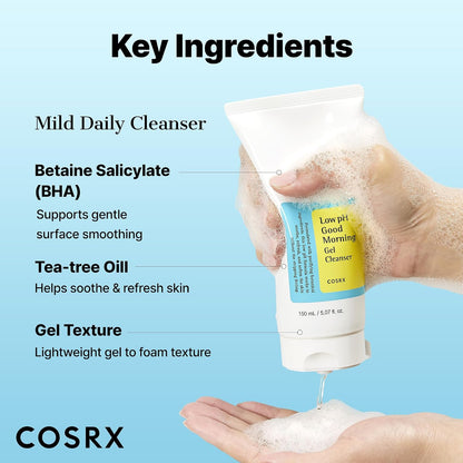 Hand dispensing COSRX Low pH Good Morning Gel Cleanser, with labels for BHA, tea tree oil and its gel-to-foam texture.