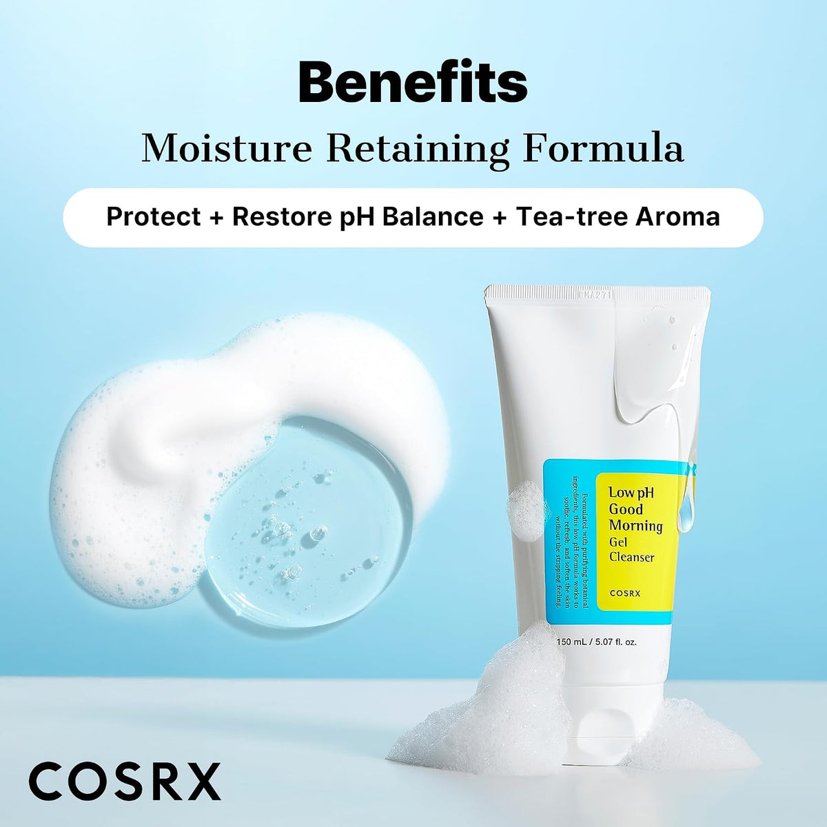 COSRX Low pH Good Morning Gel Cleanser tube beside clear gel and foam, with a moisture-retention and pH-balance message.