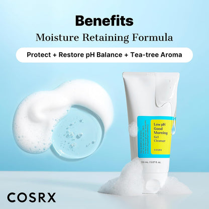 COSRX Low pH Good Morning Gel Cleanser tube beside clear gel and foam, with a moisture-retention and pH-balance message.