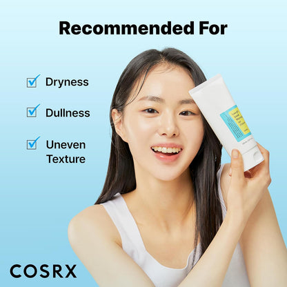 Woman holding the COSRX Low pH Good Morning Gel Cleanser tube beside a chart for dryness, dullness and uneven texture.