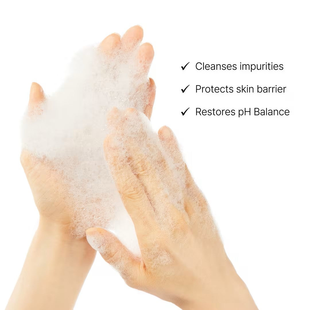 Hands lathering COSRX Low pH Good Morning Gel Cleanser beside a graphic about removing impurities, skin-barrier care and pH balance.