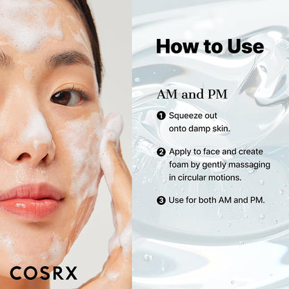 Woman massaging foam onto her face beside morning and evening directions for COSRX Low pH Good Morning Gel Cleanser.