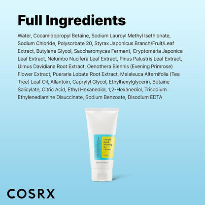 Full ingredient list for COSRX Low pH Good Morning Gel Cleanser, shown above the 150ml tube on a blue background.