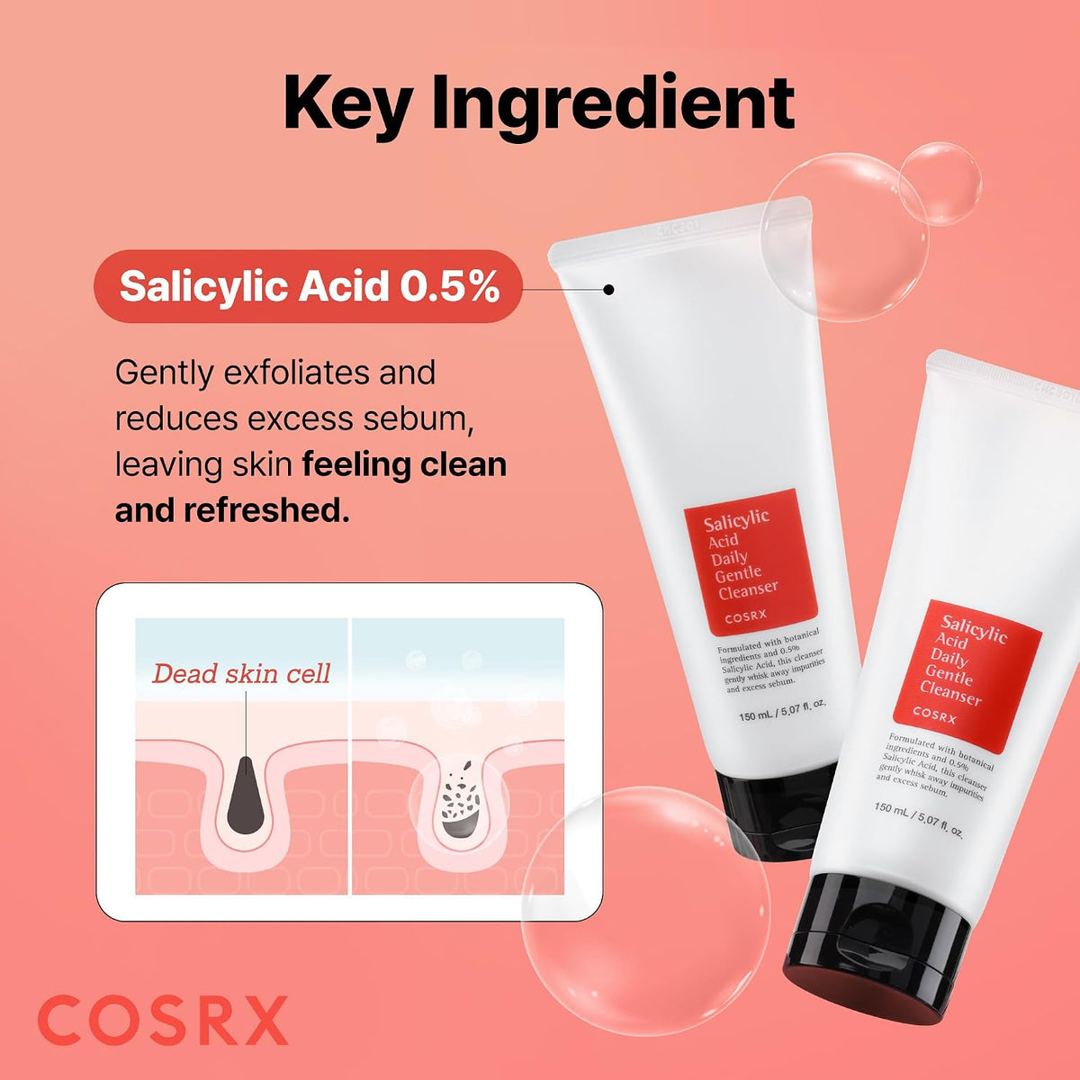 COSRX Salicylic Acid Daily Gentle Cleanser 150ml, salicylic acid foaming cleanser product detail.