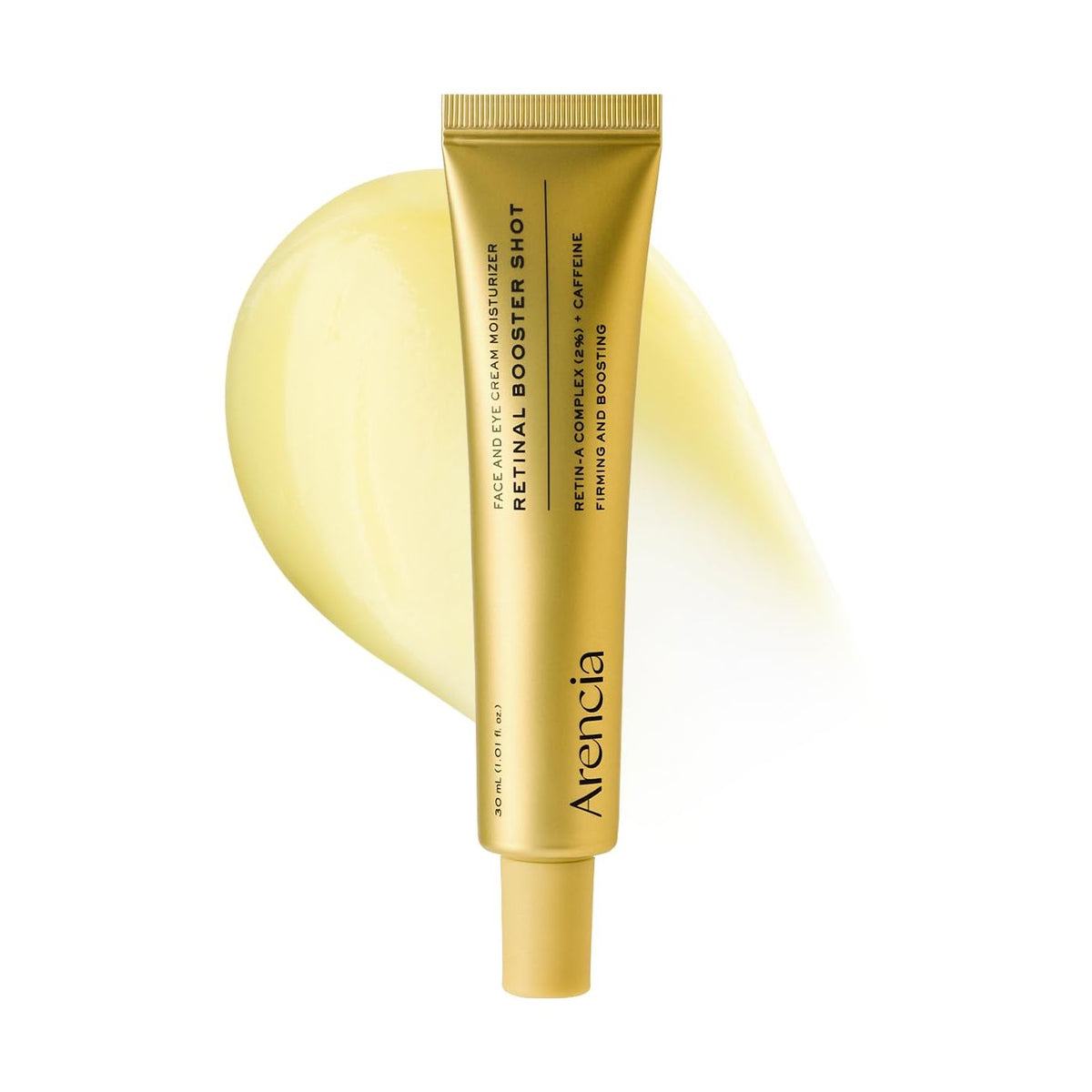 Arencia Retinal Booster Shot 30ml gold tube with a pale yellow gel-cream swatch on white