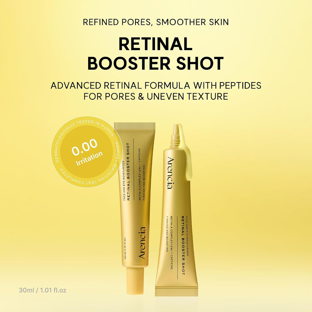 Arencia Retinal Booster Shot gold tubes with pore and texture benefits and a brand irritation-test badge