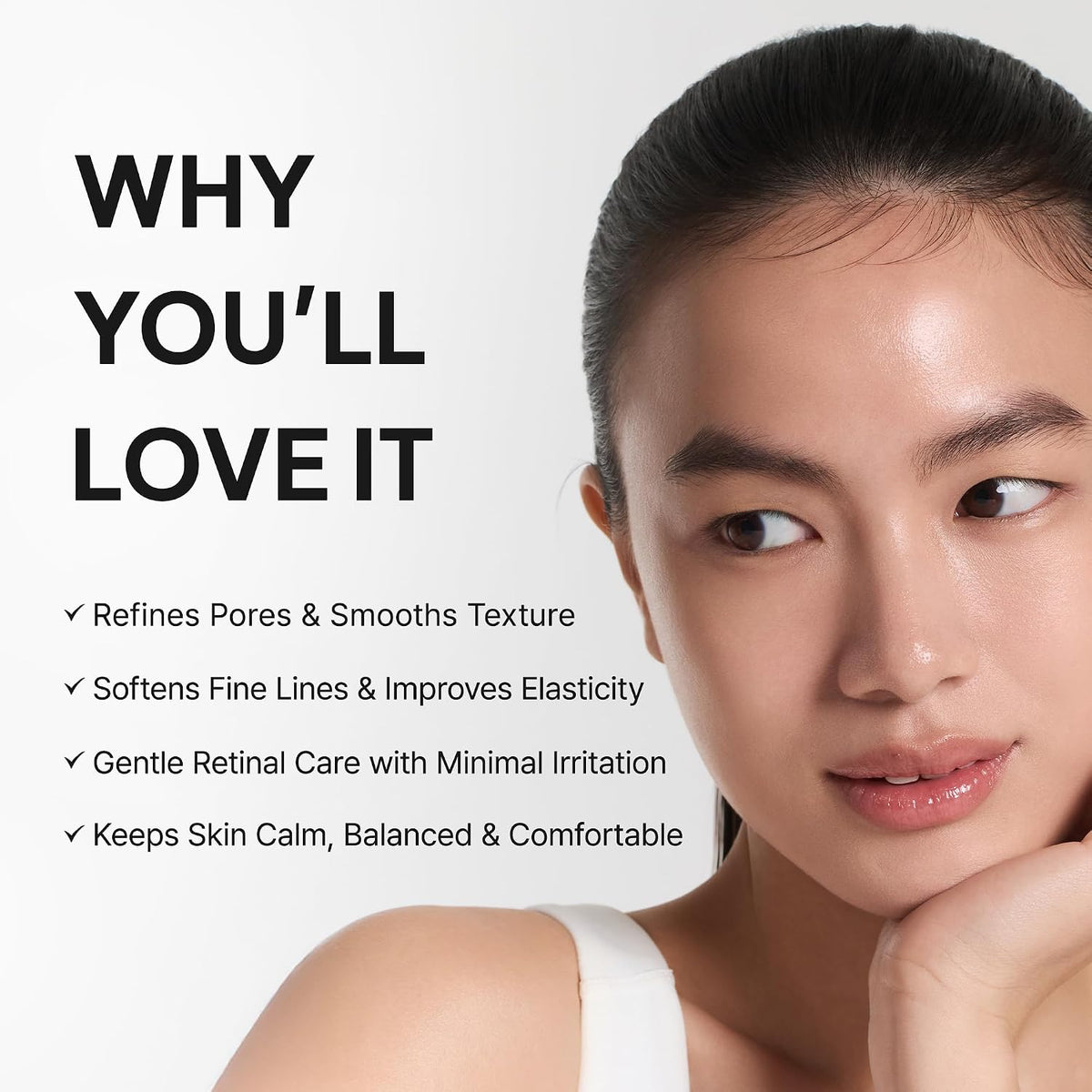 Model beside Arencia Retinal Booster Shot benefits for pores, texture, fine lines and skin comfort