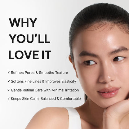 Model beside Arencia Retinal Booster Shot benefits for pores, texture, fine lines and skin comfort