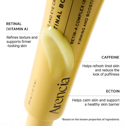Arencia Retinal Booster Shot tube and yellow cream with retinal, caffeine and ectoin ingredient benefits