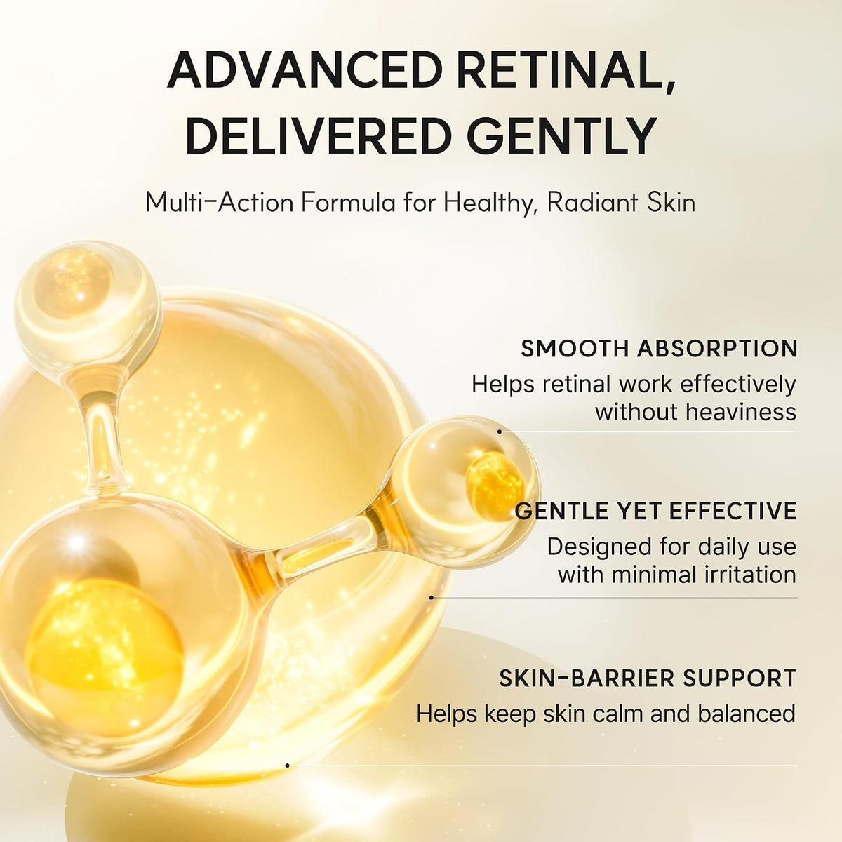 Arencia retinal delivery graphic with yellow spheres and skin-comfort, absorption and barrier-support messaging