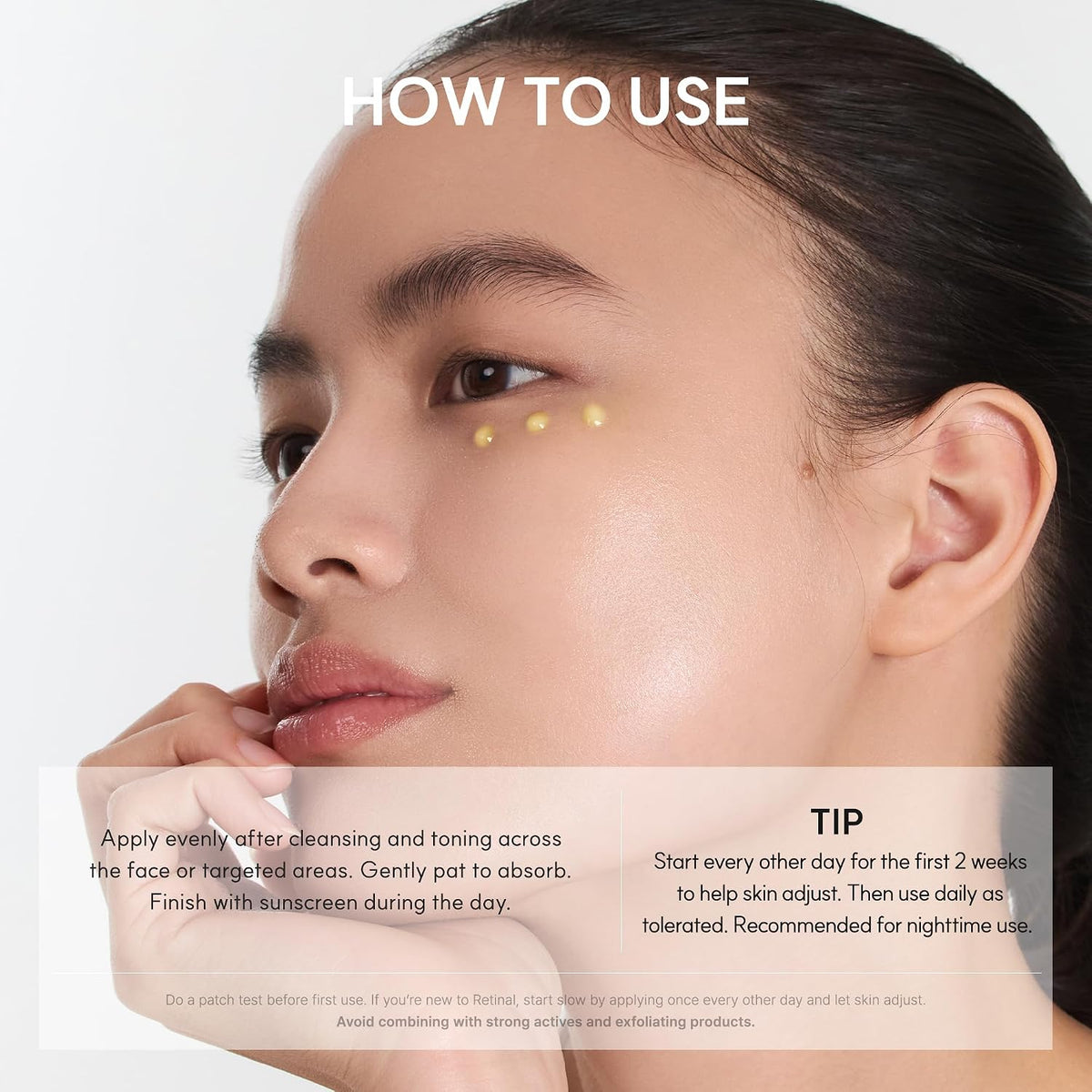 Model with Arencia Retinal Booster Shot dotted beneath the eye, with gradual nighttime use and sunscreen guidance