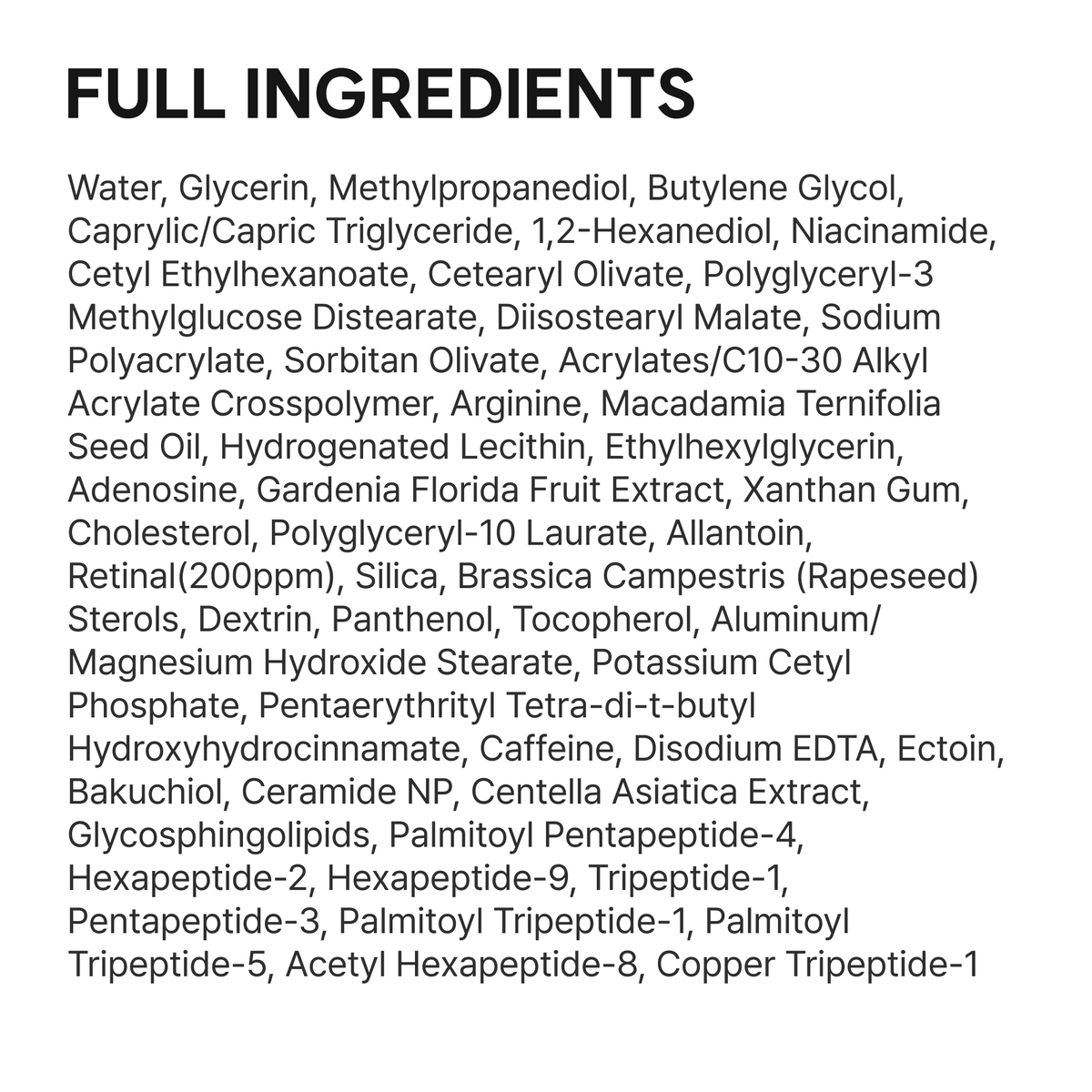 Arencia Retinal Booster Shot full ingredient list, including retinal 200ppm, caffeine, ectoin, ceramides and peptides