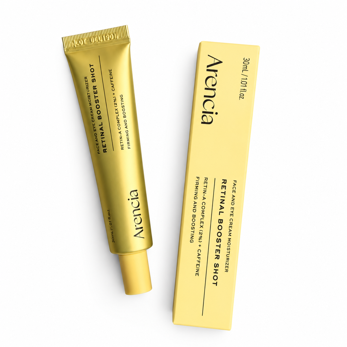Arencia Retinal Booster Shot 30ml gold tube and matching carton on a white background
