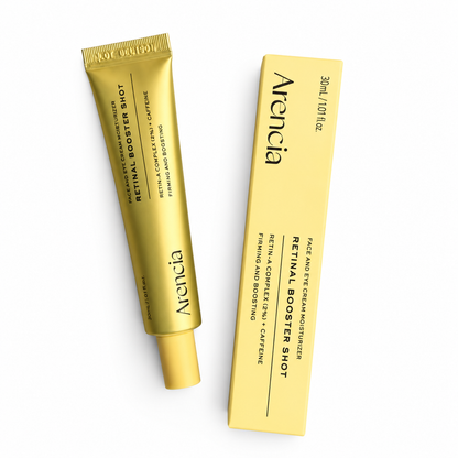 Arencia Retinal Booster Shot 30ml gold tube and matching carton on a white background