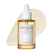 SKIN1004 Madagascar Centella Ampoule 55ml dropper bottle in front of a pale golden serum swatch.