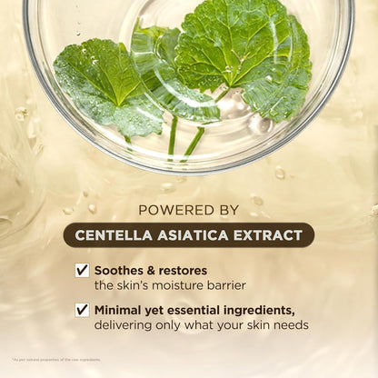 Centella asiatica leaves in a glass dish, with ingredient notes on soothing care and moisture barrier support.