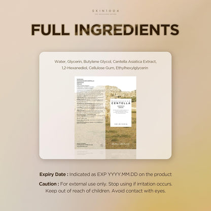 SKIN1004 Madagascar Centella Ampoule 55ml ingredient chart with carton panels, expiry-date guidance and external-use precautions.