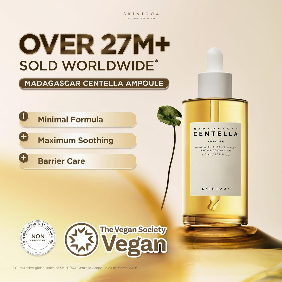 SKIN1004 Centella Ampoule banner reporting over 27 million sold worldwide, with a bottle, Centella leaf, vegan and non-comedogenic icons.