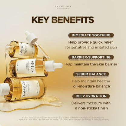 Three SKIN1004 Centella Ampoule bottles with benefit notes on soothing care, barrier support, oil-moisture balance and hydration.