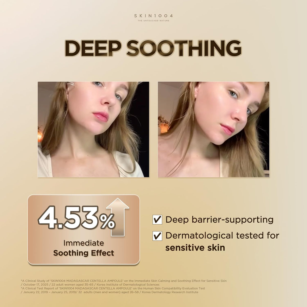 SKIN1004 Centella Ampoule study graphic with paired cheek photos and a reported 4.53% immediate soothing effect in 22 women.
