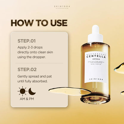 SKIN1004 Centella Ampoule application guide: apply two to three drops to clean skin, gently spread and pat; morning and evening use.