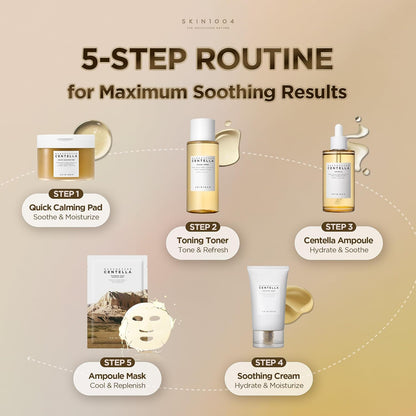 SKIN1004 five-step routine: Quick Calming Pad, Toning Toner, Centella Ampoule, Soothing Cream and Ampoule Mask.