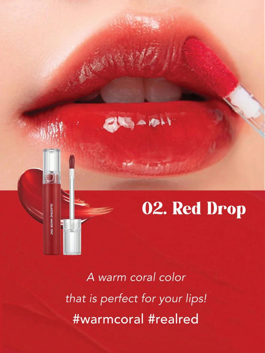 Close-up of lips applying rom&nd Glasting Water Tint 02 Red Drop, with warm coral and real red shade text.
