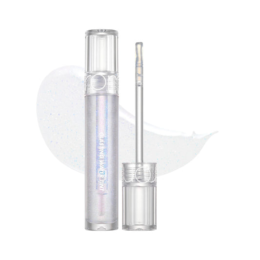 rom&nd Glasting Water Gloss 00 Meteor Track clear glitter tube and doe-foot applicator over a shimmery swatch