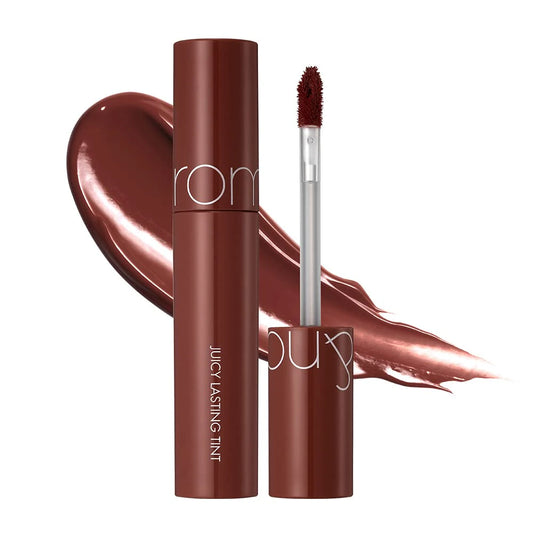 rom&nd Juicy Lasting Tint 20 Dark Coconut open tube over a deep brown-red swatch