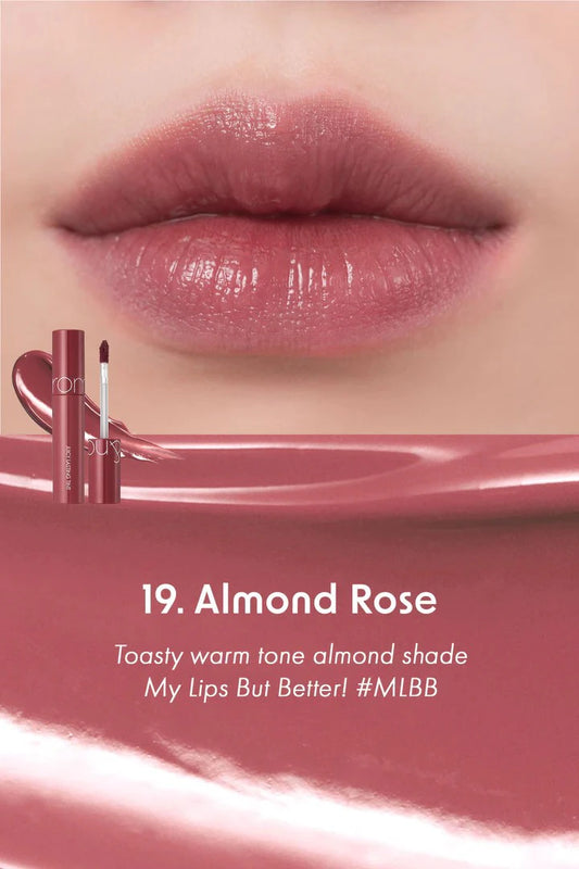 19 Almond Rose shade card describing a toasty warm almond shade and My Lips But Better color