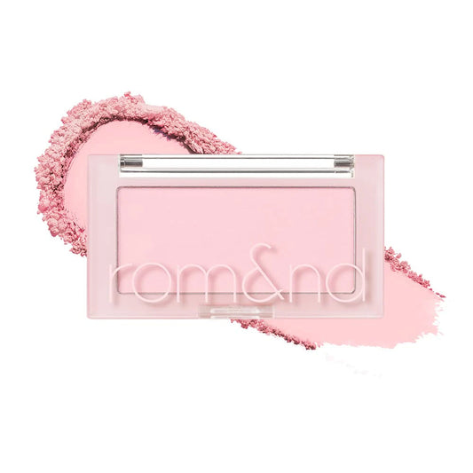 rom&nd Better Than Cheek W02 Strawberry Milk compact with pale pink blush and a matching swatch