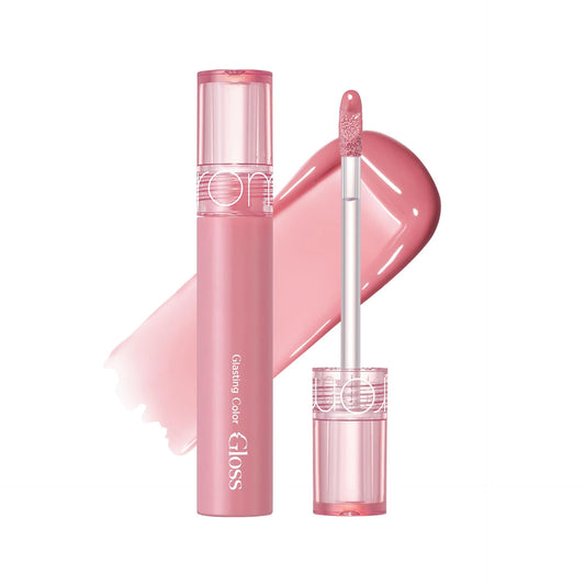 rom&nd Glasting Color Gloss 01 Peony Ballet open tube with doe-foot applicator over a pink gloss swatch