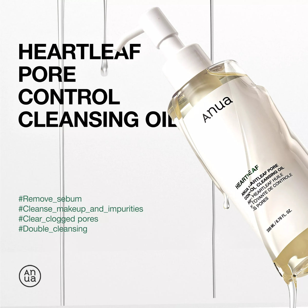 ANUA Heartleaf Pore Control Cleansing Oil 200ml bottle with Heartleaf Pore Control Cleansing Oil text.