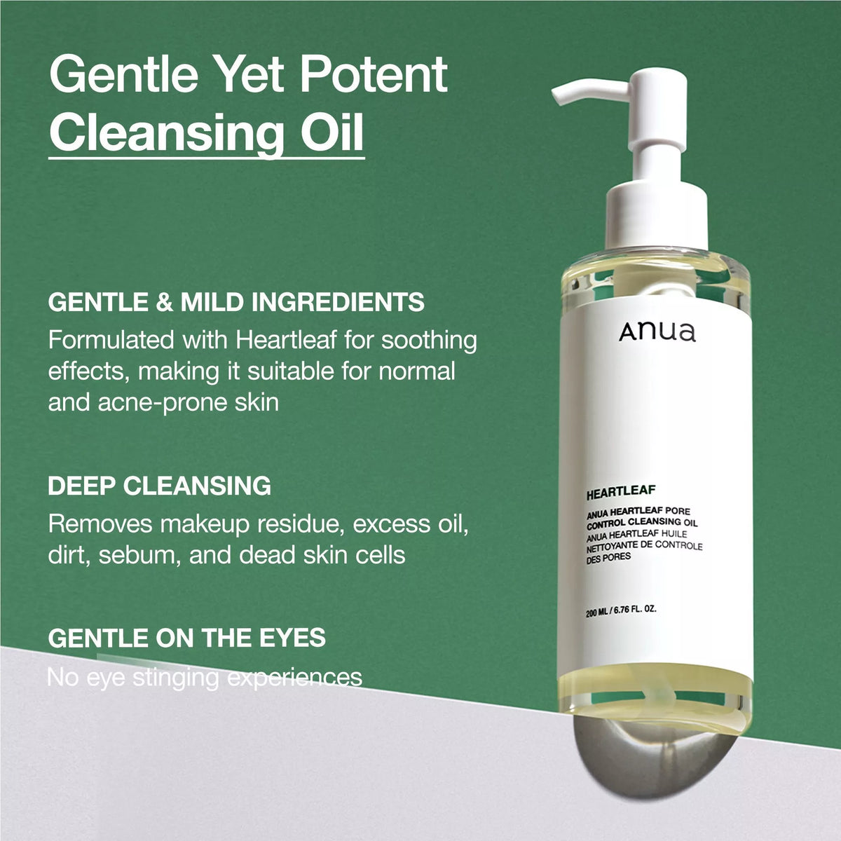 ANUA Heartleaf Pore Control Cleansing Oil bottle beside messaging about gentle ingredients, deep cleansing, and gentle eye area cleansing.