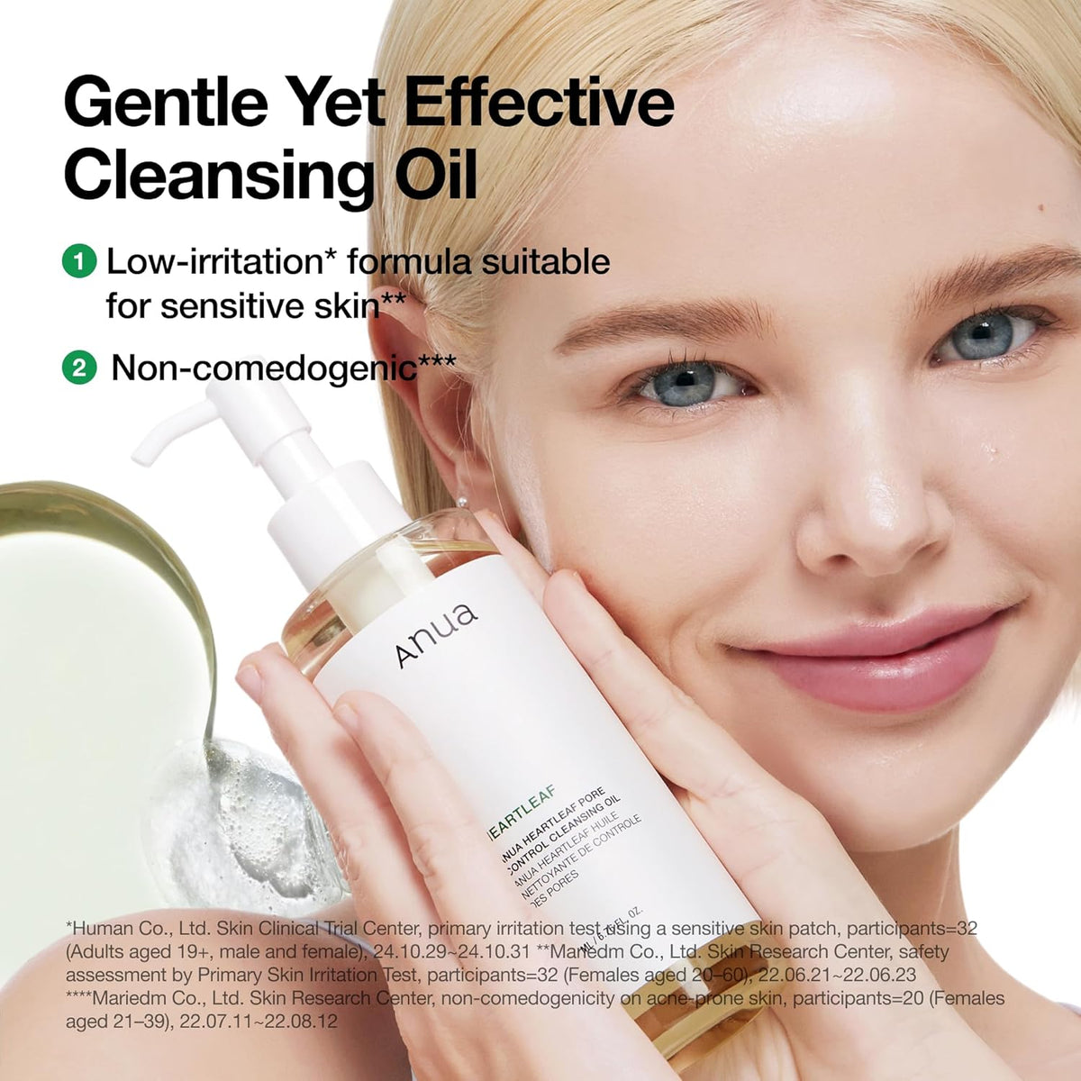 ANUA Heartleaf Pore Control Cleansing Oil being massaged onto a model’s skin with low irritation and non-comedogenic messaging.