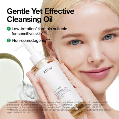 ANUA Heartleaf Pore Control Cleansing Oil being massaged onto a model’s skin with low irritation and non-comedogenic messaging.