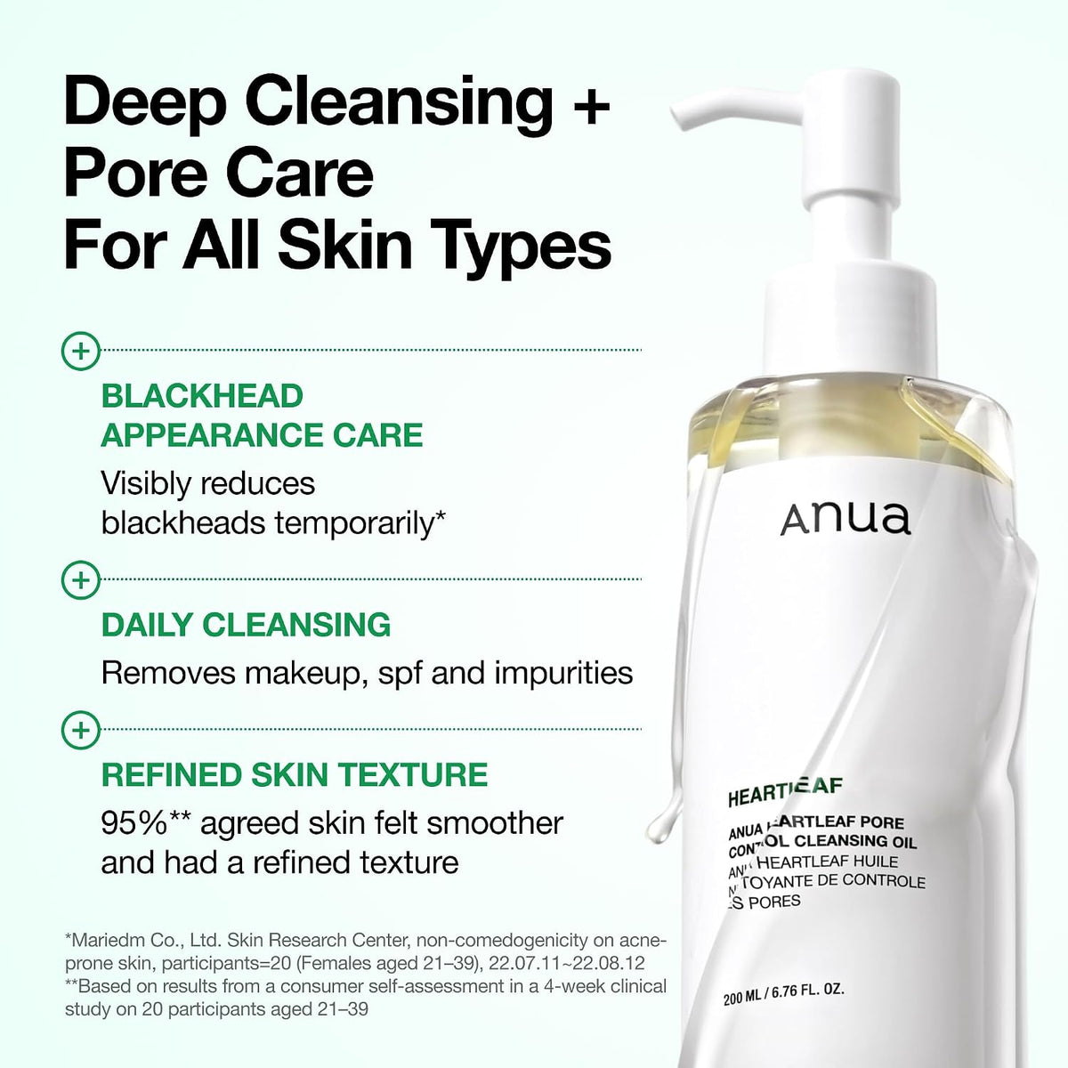 ANUA Heartleaf Pore Control Cleansing Oil bottle with deep cleansing and pore care benefits for all skin types.