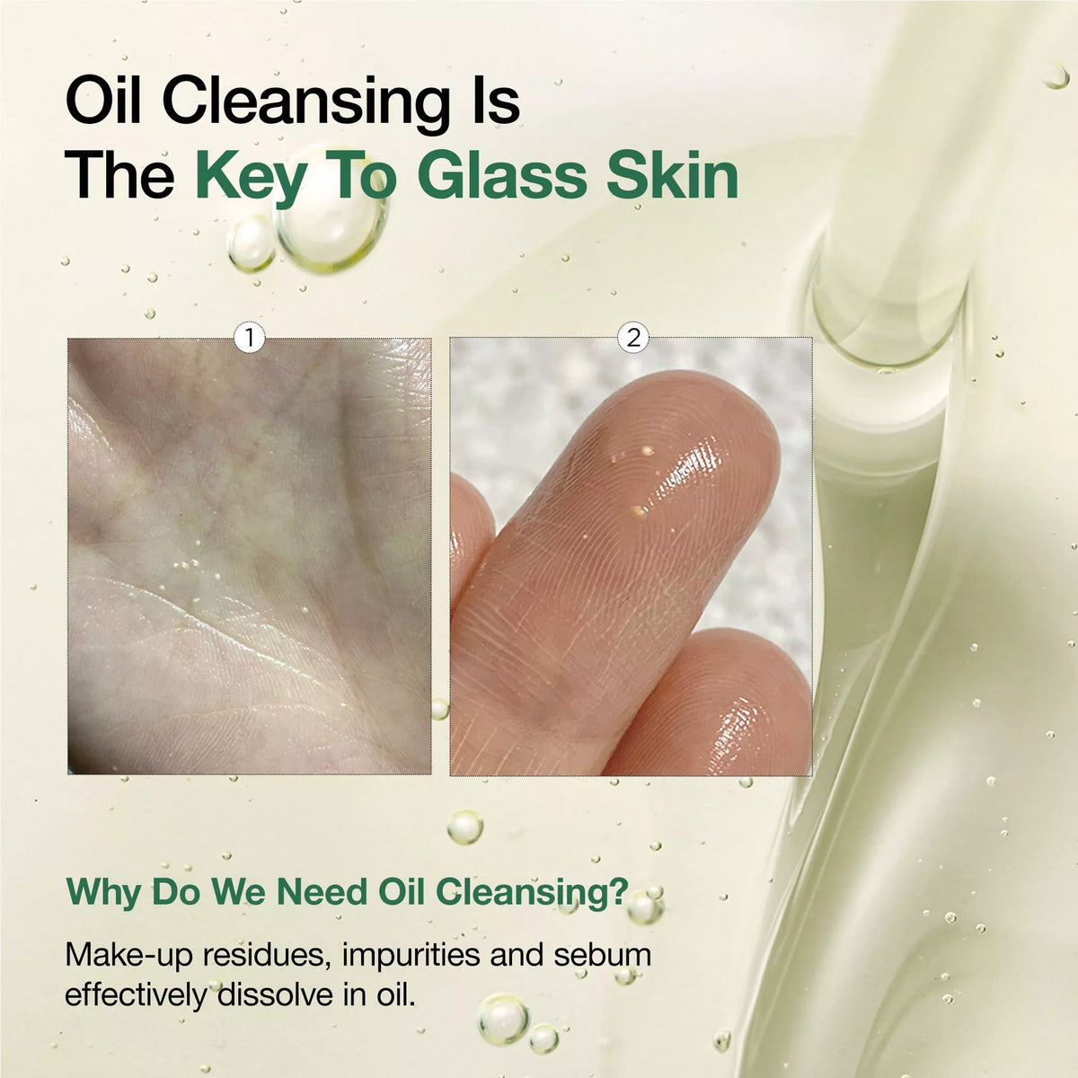 Oil cleansing demonstration showing makeup, impurities, and sebum dissolving in cleansing oil.