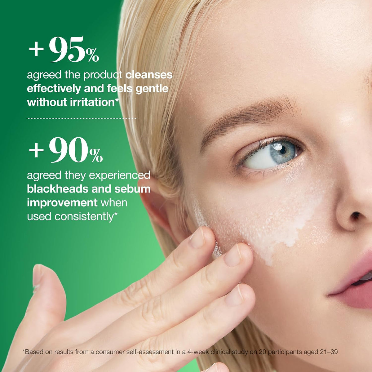 Model demonstrating ANUA Heartleaf Pore Control Cleansing Oil beside consumer survey results for effective cleansing and improved blackheads and sebum.
