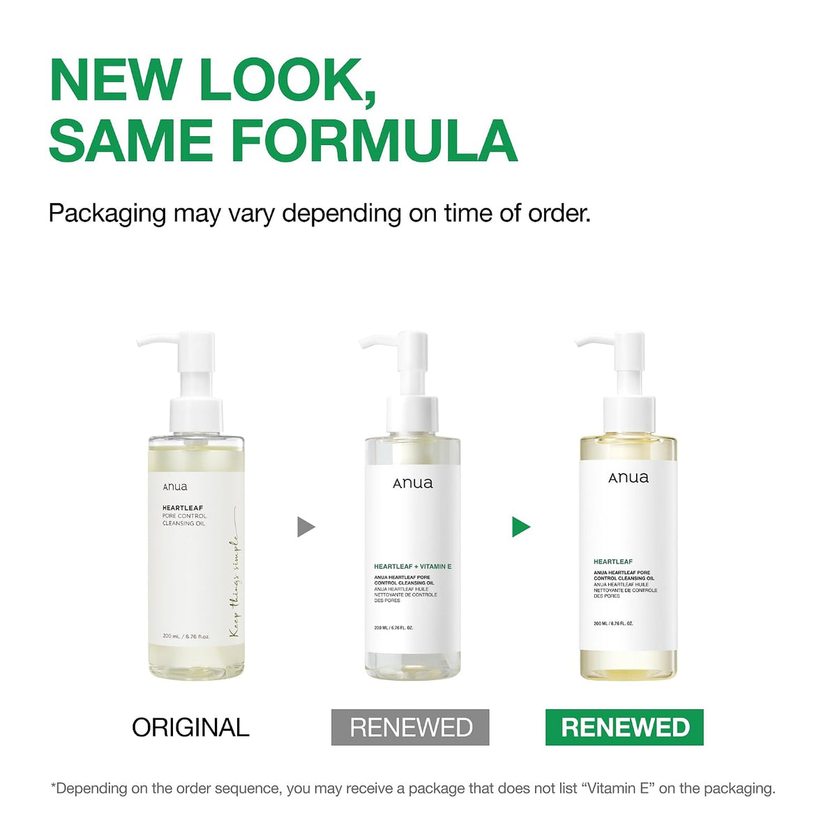 ANUA Heartleaf Pore Control Cleansing Oil packaging comparison showing original and renewed looks with the same formula.