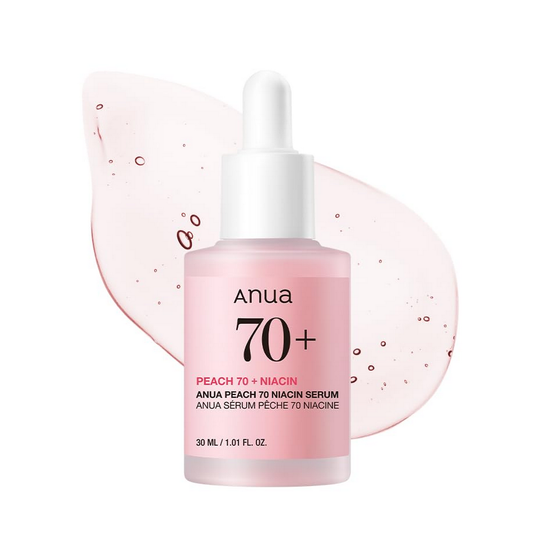 ANUA Peach 70% Niacinamide Serum 30ml pink dropper bottle with a translucent serum swatch.