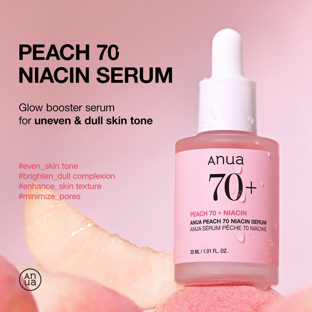 ANUA Peach serum bottle on peaches, with a panel describing glow, uneven-tone, texture and pore-care benefits.