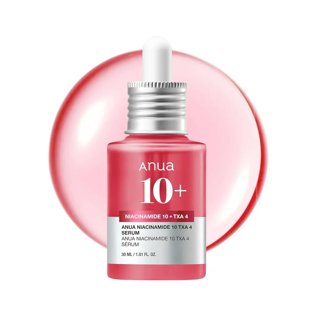 ANUA Niacinamide 10% + TXA 4% Serum 30ml dropper bottle on a pink serum swatch.