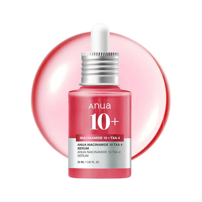ANUA Niacinamide 10% + TXA 4% Serum 30ml dropper bottle on a pink serum swatch.