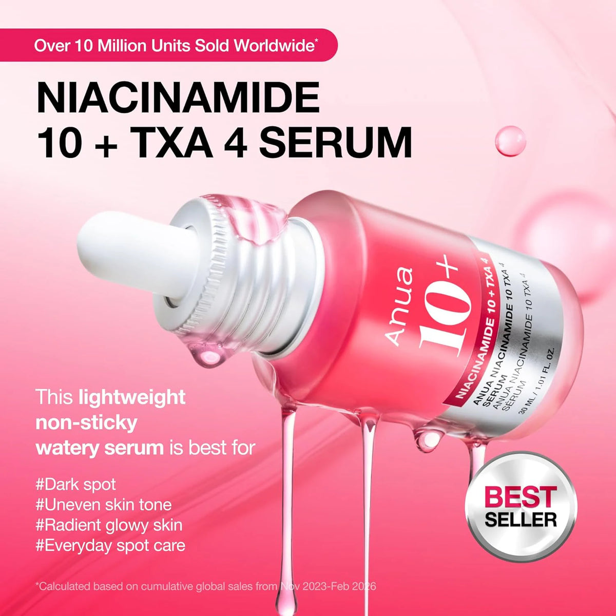 ANUA Niacinamide 10% + TXA 4% Serum bottle with lightweight texture and dark spot care highlights.