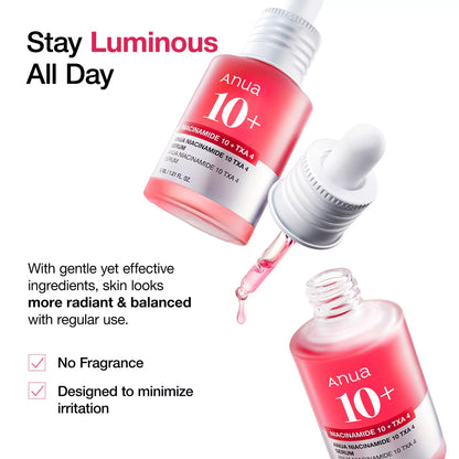 ANUA Niacinamide 10% + TXA 4% Serum bottles and dropper with fragrance-free formula highlights.