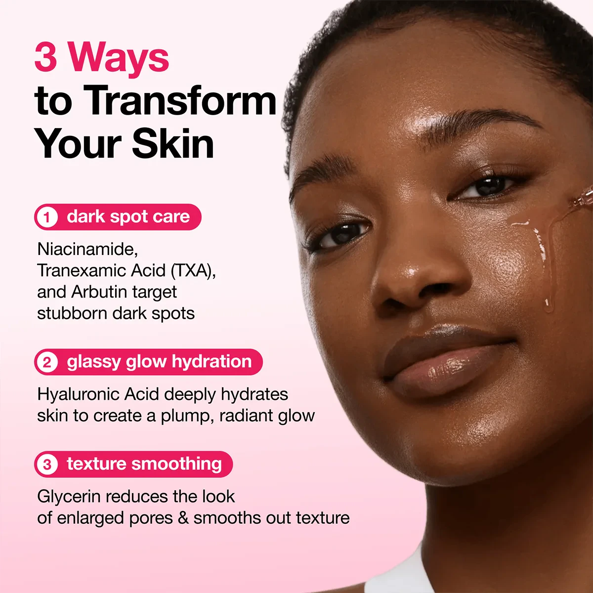 Dark spot care, hydration and texture benefits of ANUA Niacinamide 10% + TXA 4% Serum beside a model.