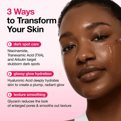 Dark spot care, hydration and texture benefits of ANUA Niacinamide 10% + TXA 4% Serum beside a model.